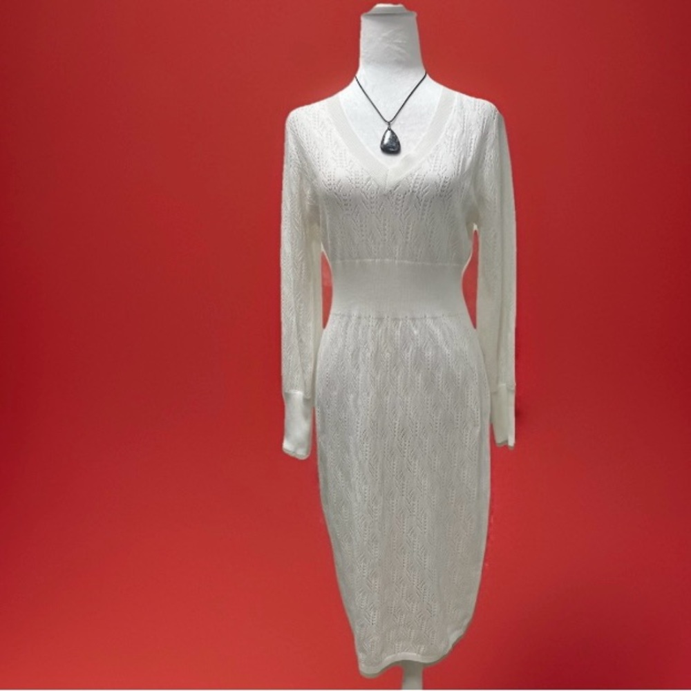 SHEIN Women’s Pointelle Knit Sweater Dress White S (can fit a medium) - Picture 2 of 7